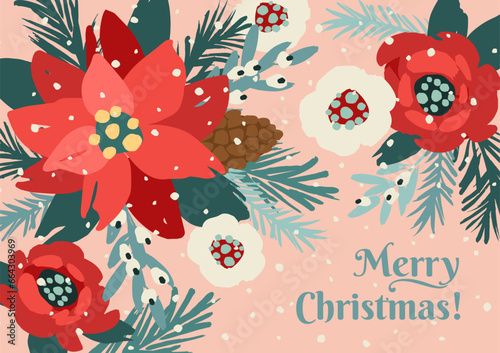 Christmas and Happy New Year card with Christmas tree and flowers. Trendy retro style. Vector design