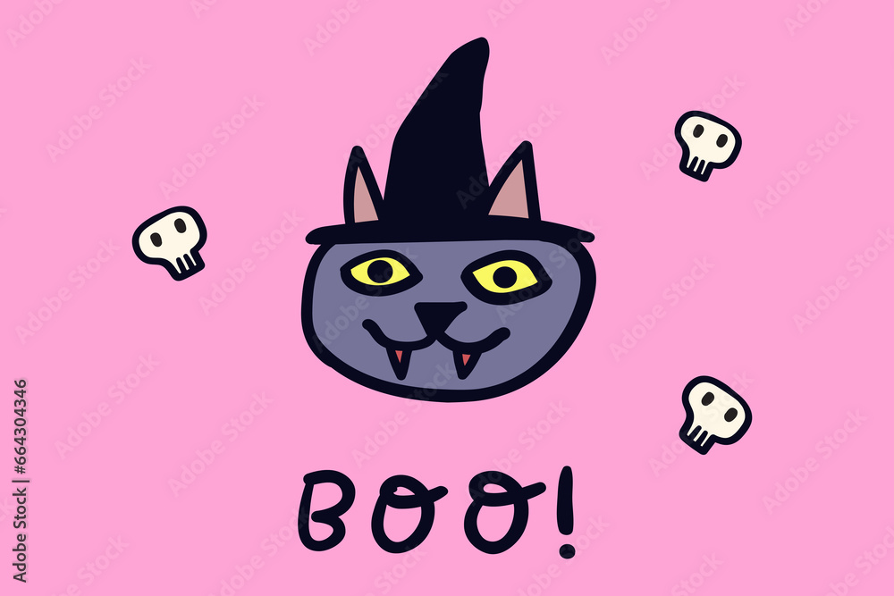 Boo! Scary cat. Vampire. Halloween party. Funny design. Cute horror. Vector illustration. Witch.
