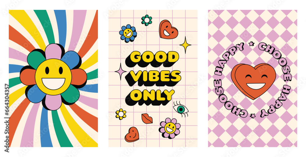 Groovy hippie 70s posters set. Good vibes only. Choose happy. Funny cartoon flower, love, daisy, lips, heart, star. Collection of Vector cards in trendy retro psychedelic cartoon style. 