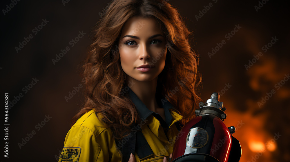 Obraz premium Model in Firefighter Uniform with Fire Extinguisher