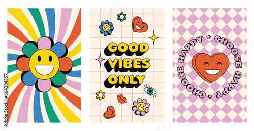 Groovy hippie 70s posters set. Good vibes only. Choose happy. Funny cartoon flower, love, daisy, lips, heart, star. Collection of Vector cards in trendy retro psychedelic cartoon style. 