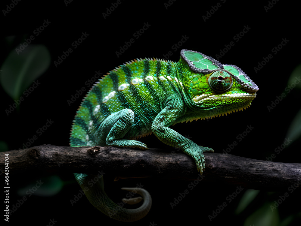 Fototapeta premium Vivid Close-up of Green Chameleon on Wooden Branch with Dark Background Highlighting Iridescent Scales and Vibrant Eye Details
