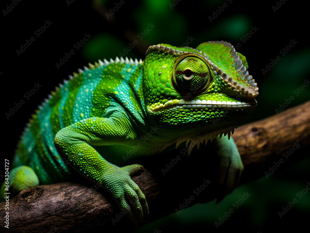 Obraz premium Close-up Shot of Vibrant Green Chameleon Resting on Tree Branch with Intricate Scale Detail and Striking Eye in Natural Setting