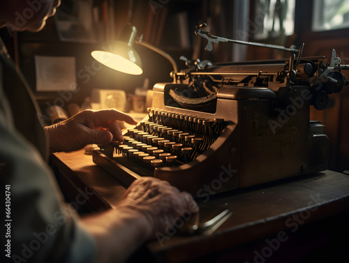 Elderly Writer's Hands on Vintage Typewriter in Dimly Lit Study Room with Antique Decor photo