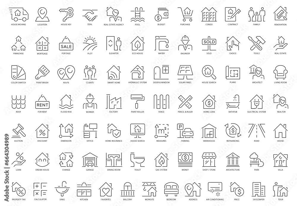 Real Estate 85 Black and White Icons Set Stock Template | Adobe Stock