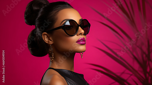Model with Black Sunglasses on Fuchsia Studio Background