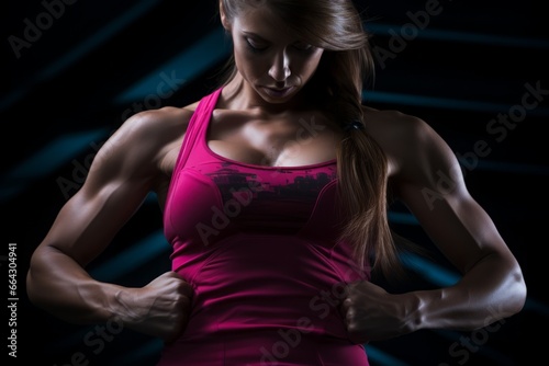 a strong sporty muscular female athlete bodybuilder in sport top posing in a studio  focus on torso  upper body and biceps