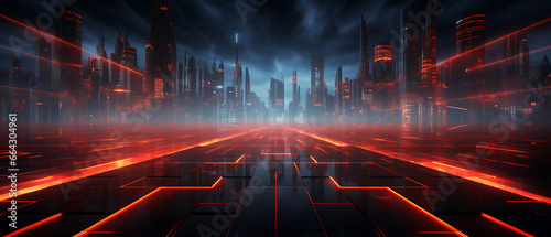 High-Tech Panoramic Background with Red Laser Grids
