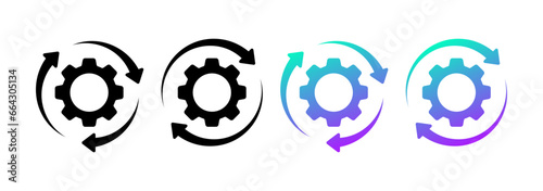 Update icon settings. Different styles, colors, updating settings, arrows in a gear circle. Vector icons