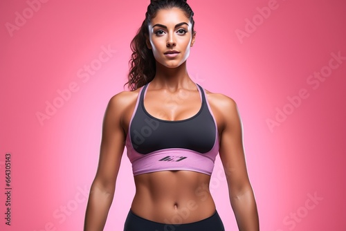 a strong sporty muscular female athlete bodybuilder or fighter in sports top posing in a studio, pink background