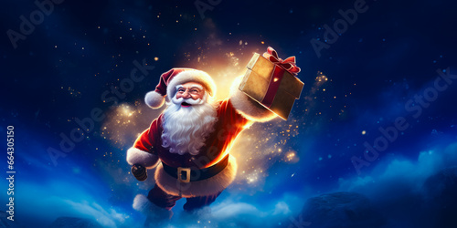 illustration of Santa Clause who flying in clouds with present. Christmas fairytale. Christmas time