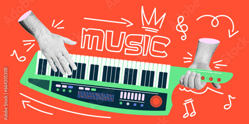 Synthesizer in retro collage style. Vector illustration with halftone effect and doodle elements. Colorful banner.