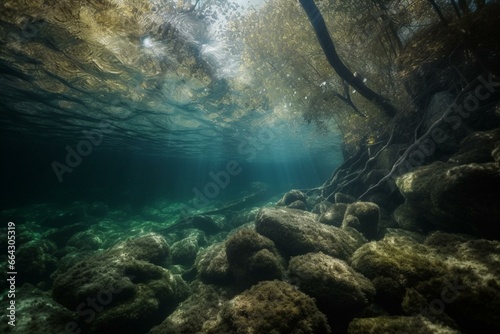 Underwater river scene. Generative AI