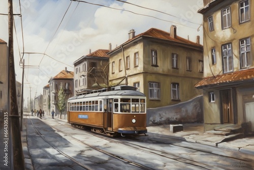 A painting of a street with a house and a car in front of a tram. Generative AI