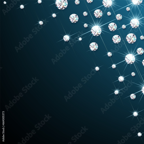  Falling diamonds from the top corner for advertising a jewelry store. Template with copy space. Bright diamonds on a black background with neon glitter. Vector.