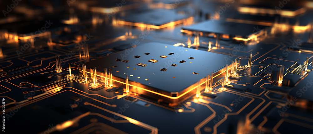 3D High Tech Panoramic Background with Golden Circuit