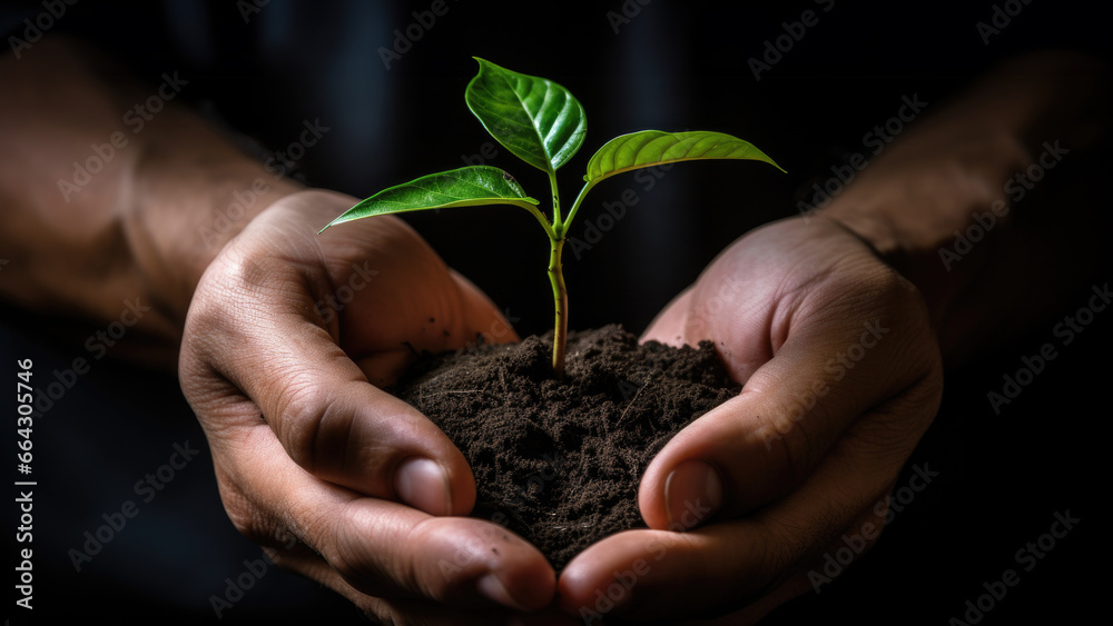 hand holding small tree for planting. concept green world earth day, generative ai hand holding small tree for planting. concept green world earth day, generative ai