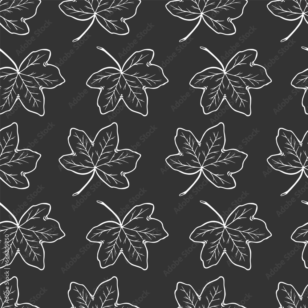 Seamless pattern with autumn maple leaves. In sketch doodle style. On a gray background. Vector. Seamless pattern with autumn maple leaves. In sketch doodle style. On a gray background. Vector.
