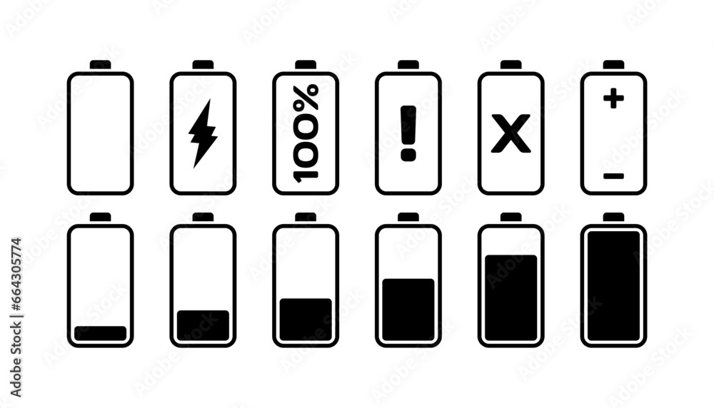 Battery indicator icons. Outline, charge, warning, battery status indicators. Vector icons Battery indicator icons. Outline, charge, warning, battery status indicators. Vector icons