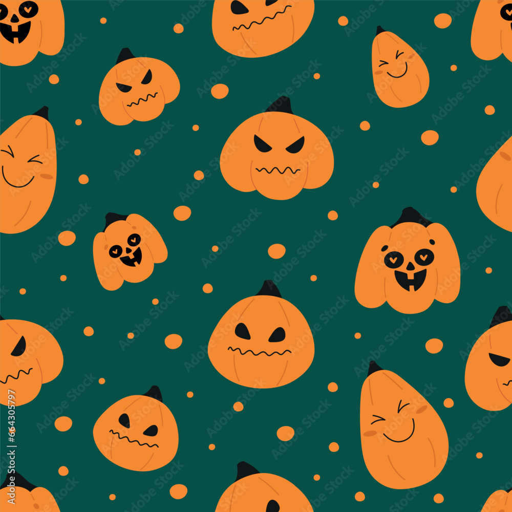 Happy halloween pattern for kids cards, posters, fabric, textile. Cute hand drawn funny pumpkins characters. Vector Happy halloween pattern for kids cards, posters, fabric, textile. Cute hand drawn funny pumpkins characters. Vector
