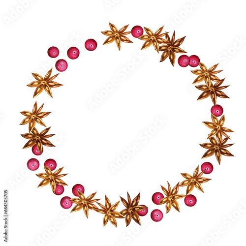 Watercolor wreath with spices, anis and berries, ingredients of mulled wine, hot winter beverage, round frame, hand drawn sketch, winter illustration isolated on white background