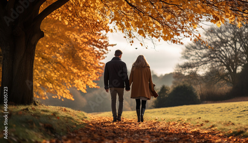 Man and woman walking in autumn park