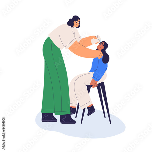 Watering eye with liquid, cleaning from dirt, disinfecting, washing. First aid, emergency help, treatment, preventing from infection. Flat graphic vector illustration isolated on white background