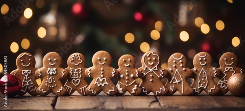 Classic Christmas gingerbread cookies shaped like people. Christmas gingerbread cookies. Horizontal banking background for web. Photo AI Generated