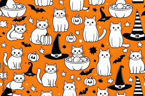 halloween seamless pattern with pumpkins/cats/witch hats/cute/generate AI