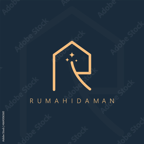 house icon line forming letters RI with magic wand concept design for  real estate logo