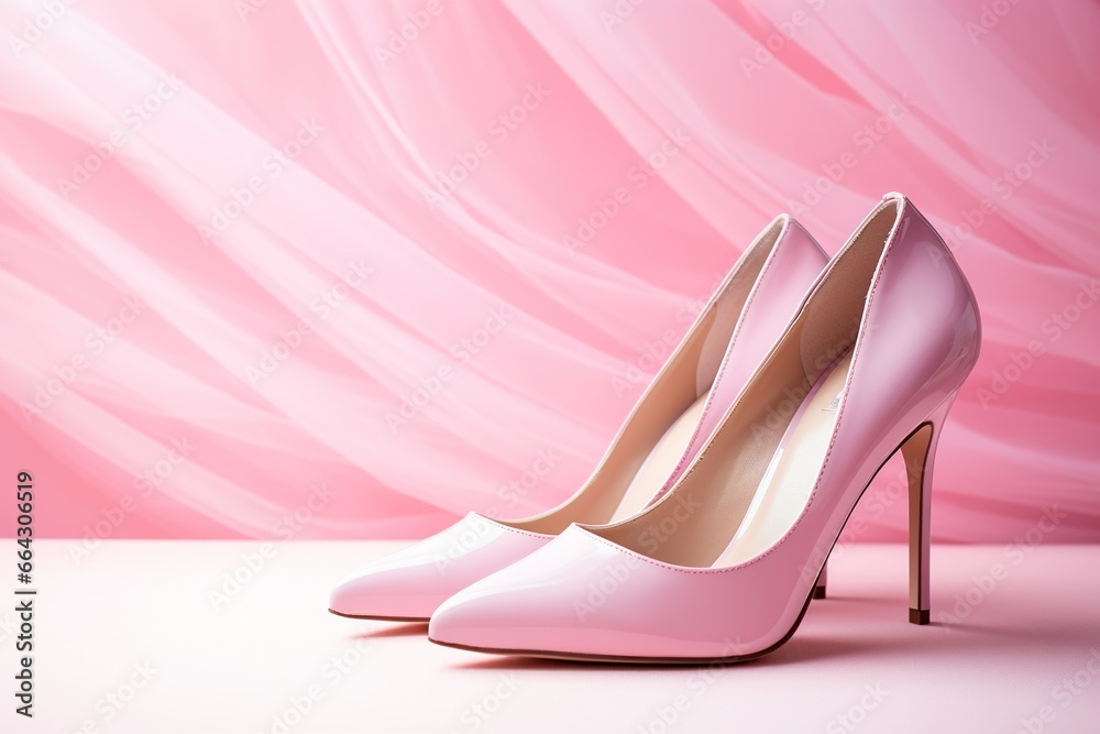 Elegant women's shoes made of pink leather on a pink background. Women's shoes, side view.