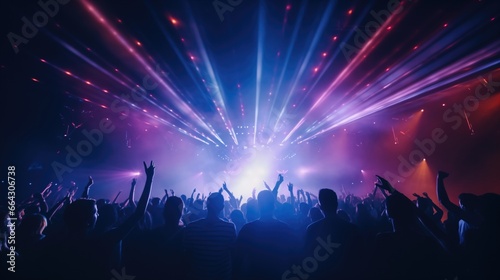 Party concert background. Happy people with raised up hand enjoying night in the club, night entertainment, active lifestyle, New Year celebration, partying concept.