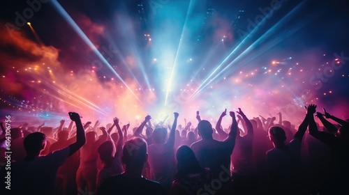 Party concert background. Happy people with raised up hand enjoying night in the club, night entertainment, active lifestyle, New Year celebration, partying concept. © Pro Hi-Res