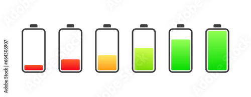 Battery charge icons. Flat, color, battery charge, battery indicator. Vector icons