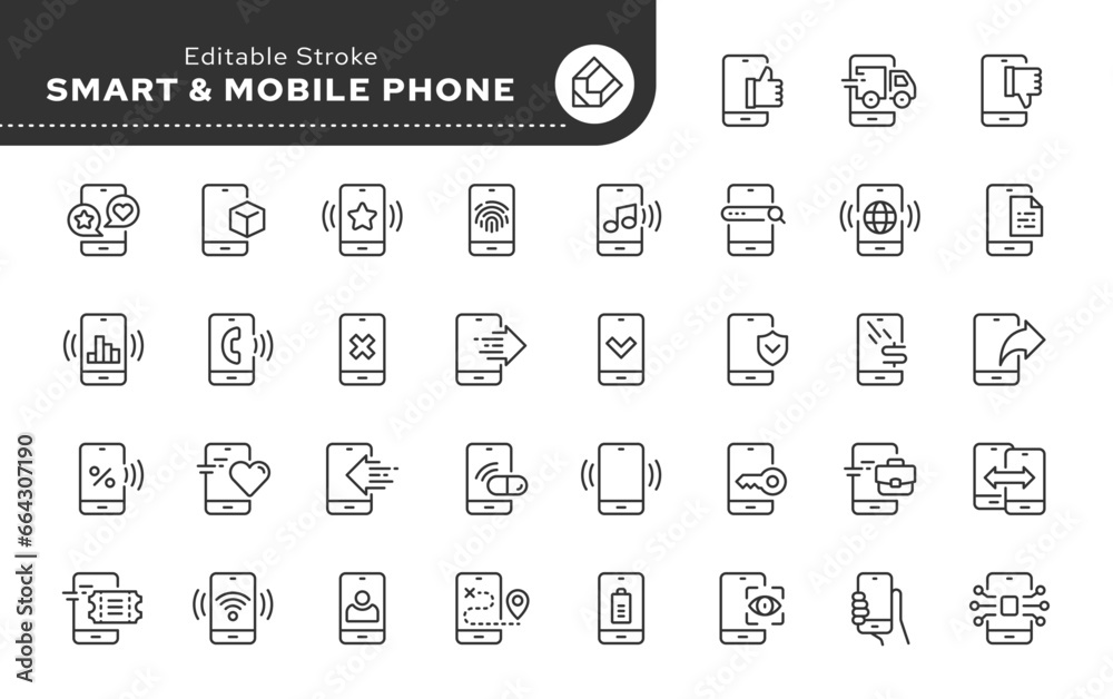 Mobile phone line concept web icons in outline linear style. Icon - smart technology and gadget. Vector set. Collection pictogram