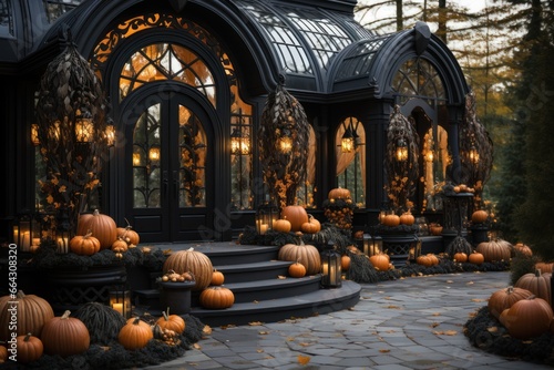 Black victorian house with halloween decor. Porch of the frontyard decorated with pumpkins and autumn flowers