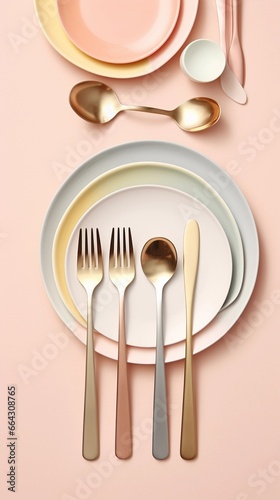 Pastel background surrounded by plates spoons and forks from top view, background image, vertical format, generative AI