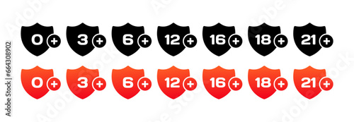 Icons shields with acceptable age. Different styles, red, 0+,3+,6+...21+ age for access, boards with acceptable age. Vector icons