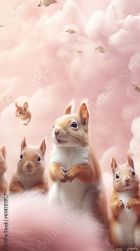A pastel background surrounded by squirrels, background image, vertical format, generative AI