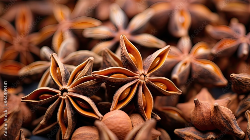 Fragrant star anise pods, known for their licorice-like flavor. Culinary versatility, sweet aroma, flavor enhancement, aromatic richness. Generated by AI.