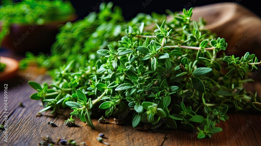 Fragrant thyme leaves enrich culinary delights with an inviting aroma and a layer of flavor complexity. Culinary enrichment, versatile seasoning, aromatic depth, natural herb. Generated by AI. Fragrant thyme leaves enrich culinary delights with an inviting aroma and a layer of flavor complexity. Culinary enrichment, versatile seasoning, aromatic depth, natural herb. Generated by AI.