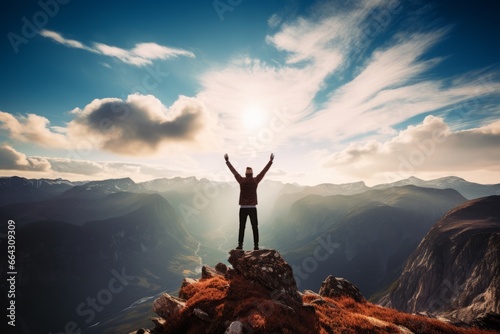 A silhouette of a person standing on a mountaintop, arms outstretched towards the rising sun, which pointing up as symbol of achievement photo