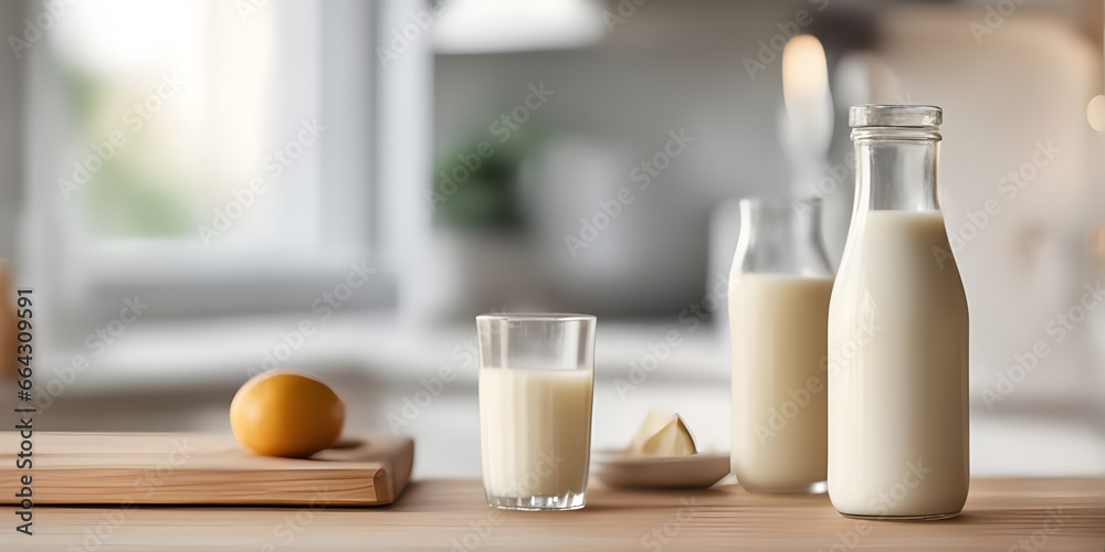 Wooden tabletop counter with Bottle and glass of tasty milk. in front of bright out of focus kitchen. copy space Wooden tabletop counter with Bottle and glass of tasty milk. in front of bright out of focus kitchen. copy space