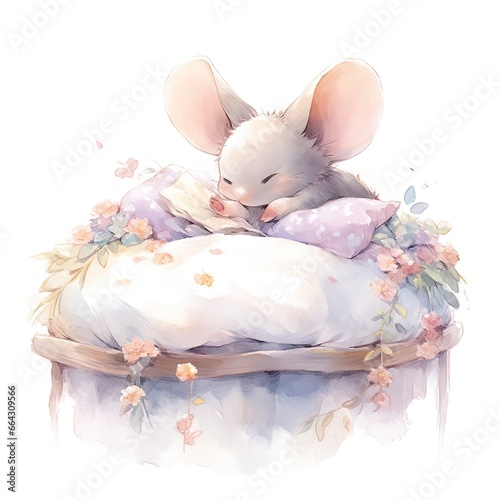 A sleepy baby mouse in a bedding, watercolor illustration. photo