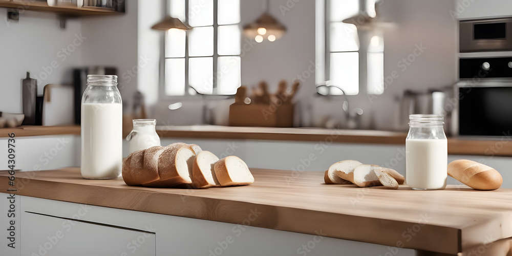 Wooden countertop modern kitchen, milk bottles, and bread placed right on the counter. Wooden countertop modern kitchen, milk bottles, and bread placed right on the counter.