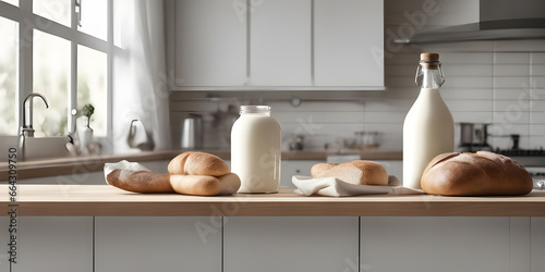 Wooden countertop modern kitchen, milk bottles, and bread placed right on the counter.