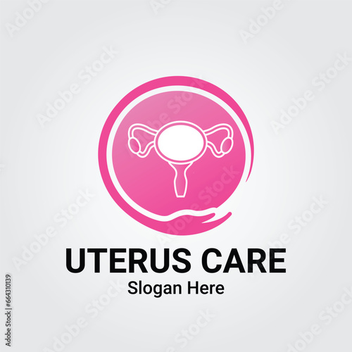 Uterus Care Logo With Hand Care Icon, Medical Minimal Design. Uterus Icon In Modern Style Vector. Gynecology Clinic Logo Concept.