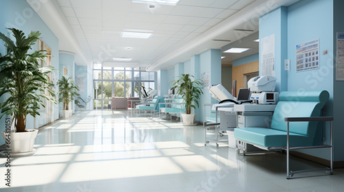 Minimalist Hospital hallway bright reception waiting room clinic lobby  clean hospital reception with the chair  living room interior. Illustration