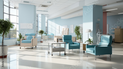 Minimalist Hospital hallway bright reception waiting room clinic lobby  clean hospital reception with the chair  living room interior. Illustration