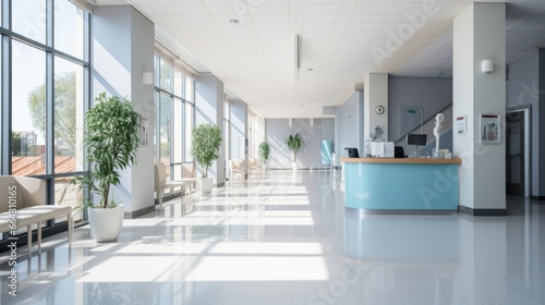 Minimalist Hospital hallway,bright reception waiting room clinic lobby, clean hospital reception with the chair, living room interior. Illustration photo
